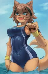 1female black_nails blue_eyes breasts brown_fur brown_hair clouds female female_only fluffy_tail fur happy headband in_water kobold medium_breasts monster_girl monster_musume_no_iru_nichijou nipples nipples_visible_through_clothing one-piece_swimsuit polt_(monster_musume) seraziel swimsuit tail teasing water wet wet_body woman