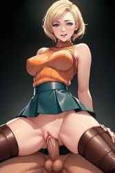 1boy 1girls ai_generated ashley_graham black_background blonde_hair blue_eyes boots breasts brown_boots cum cum_drip cum_in_pussy cum_inside earrings female front_view green_skirt leather_skirt long_boots looking_at_viewer male medium_breasts orange_sweater penis pussy resident_evil resident_evil_4 resident_evil_4_remake reverse_cowgirl_position riding short_hair skirt smiling stable_diffusion sweater unseen_male_face vaginal_penetration woman_on_top zaganion