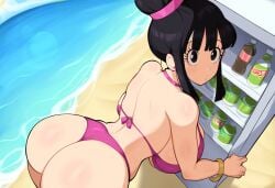 1girls afrobull_(style) ai_generated all_fours ass bent_over bikini chichi chichi_(beginning_of_z) curvaceous dat_ass dragon_ball dragon_ball_super dragon_ball_z female fridge huge_ass huge_breasts mature_female mature_woman milf mullon novelai solo summer voluptuous voluptuous_female