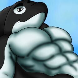 abs anthro beach black_body black_eyes black_fur blue_background cetacean dolphin eyebrows looking_at_viewer mammal marine multicolored_body multicolored_fur muscular muscular_anthro muscular_male oceanic_dolphin orca pecs rjquaty selfie simple_background sky smile smiling_at_viewer toothed_whale white_body