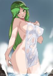 1girls absurdres ashiomi_masato breasts covered_erect_nipples covering_privates curvy female green_eyes green_hair highres kid_icarus kid_icarus_uprising large_breasts long_hair looking_at_viewer nintendo nude_cover onsen open_mouth palutena solo thick_thighs thighs towel wet wet_towel white_towel