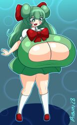 breast_expansion breast_focus female female_only green_eyes green_hair kneehighs large_breasts long_hair open_mouth pucchi_woof_woof ribbon ribimi28 standing towelket_one_more_time