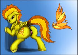 abstract_background anus back_turned bedroom_eyes clitoris cutie_mark equine exelzior-maximus feathers female friendship_is_magic fur hair hooves horse looking_at_viewer mammal my_little_pony orange_eyes orange_hair pegasus pony presenting pussy raised_tail smile solo spitfire_(mlp) two_tone_hair wings wonderbolts_(mlp) yellow_fur