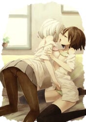 bare_shoulders black_legwear blue_eyes bow bow_panties bra bra_lift breast_press breasts brown_eyes brown_hair clothing dress_shirt female fingering green_panties hand_in_panties houru interlocking_nipples kissing lingerie multiple_girls mutual_yuri no_pants off_shoulder open_clothes open_shirt original panties panties_under_pantyhose pantyhose pleated_skirt shirt short_hair silver_hair sitting skirt stockings strap_slip symmetrical_docking thighhighs tongue underwear wariza window yuri