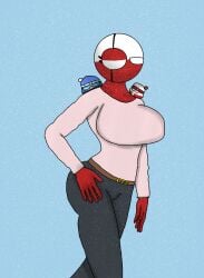 1girls antarctica_(countryhumans) ass beanie beanie_hat big_breasts breasts countryballs countryhumans countryhumans_girl denmark_(countryhumans) eyepatch female greenland_(countryhumans) hand_on_hip pink_shirt red_body red_hands seregamecta snow