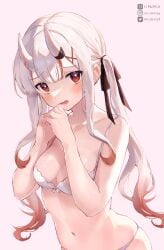 1girls bare_arms bare_belly bare_chest bare_hands bare_hips bare_midriff bare_navel bare_shoulders bare_skin bare_torso belly belly_button black_hair_ribbon black_ribbon blush blush_lines blushing blushing_at_viewer blushing_female bra breasts cleavage collarbone cross_hair_ornament dot_nose elbows embarrassed embarrassed_female eyebrows_visible_through_hair female female_focus female_only fingers frilled_bra hair_ornament hair_ribbon half_naked high_resolution highres hololive horn horns hourglass_figure light-skinned_female light_skin long_hair looking_at_viewer medium_breasts mr.canaryy naked naked_female nakiri_ayame navel nervous nervous_expression nervous_face nervous_female open_mouth panties red_eyes red_eyes_female red_hair red_hair_female ribbon shiny_skin shoulders shy shy_expression simple_background slender_body slender_waist slim_girl slim_waist solo standing thin_waist tongue twintails twintails_(hairstyle) underwear upper_body virtual_youtuber white_background white_bra white_eyebrows white_hair white_hair_female white_horn white_horns white_panties white_underwear wide_hips