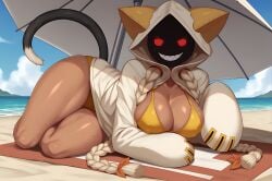 1girl 2024 2024s ai_generated arc_system_works beach big_breasts bikini blazblue blonde_hair blue_sky breasts cat_ears cat_girl cat_tail catgirl dark-skinned_female dark_skin female female_focus female_only hair hoodie kaka_(blazblue) looking_at_viewer ocean panties pony_diffusion_(model) pony_diffusion_xl red_eyes shadow_face sharp_teeth smile solo solo_female solo_focus stable_diffusion sweat sweatdrop tail tan_hoodie taokaka thick_thighs thighs twintails video_games water wide_hips yellow_bikini yellow_bra yellow_panties zoochman