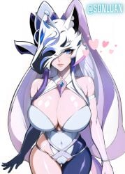 1girl ai_generated blue_eyes breasts cleavage female female_focus female_only heart heart_symbol helmet helmet_over_eyes large_breasts lipstick long_hair looking_at_viewer pussy_lips pussy_peek shiny_skin sonluan swordsoul_of_mo_ye thick_thighs thighs tight_clothing white_background white_hair wide_hips yu-gi-oh!