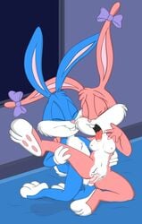 anthro babs_bunny blue_fur bow breasts buster_bunny closed_eyes female fur furry_ears kneeling lagomorph long_ears looney_tunes male mammal nipples nude penis pink_fur pussy rabbit raised_leg sex straight tagme tiny_toon_adventures tongue tongue_out warner_brothers white_fur