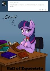 absurd_res anthro book breasts broken_horn collar collar_only color_edit colored fall_of_equestria female female/female friendship_is_magic hasbro hi_res horn looking_at_viewer my_little_pony nipples nude sex_slave slashysmiley solo third-party_edit tumblr twilight_sparkle_(mlp)