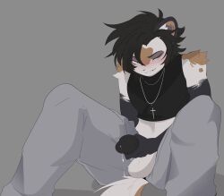 1male anthro black_penis blush crop_top femboy looking_at_viewer masturbation mochii_tiger penis precum purple_eyelids stoat