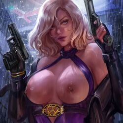 1girls blonde_hair blonde_hair_female blue_eyes breasts breasts_out buckle bust female female_focus female_human female_only gun guns lips mature_female mature_woman medium_breasts nina_williams nipples pink_nipples pistol purple_dress purple_outfit raindrops raining solo solo_female solo_focus tekken tekken_8 white_skin yaeillust