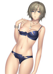 anime_nose aya_brea blonde_hair blue_bra blue_eyes blue_panties bra bracelet breasts erect_nipples female highres jewelry kansuke lingerie mound_of_venus navel necklace nipples panties parasite_eve parasite_eve_the_3rd_birthday short_hair solo torn_clothes underwear underwear_only