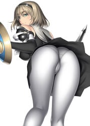 ass blonde_hair cameltoe cassandra_alexandra female female_only green_eyes hairband high_resolution human kansuke looking_back natural_wedgie panties shield skirt smile solo soul_calibur sword turning underwear weapon