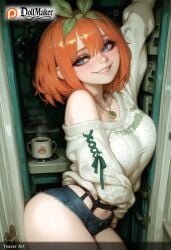 ai_generated ass bangs bare_shoulders blue_eyes blush breasts car car_interior cup denim denim_shorts dollmaker dollmaker_(artist) female green_ribbons ground_vehicle hair_ribbon jewelry large_breasts looking_at_viewer lying motor_vehicle mug nakano_yotsuba necklace off-shoulder_sweater off_shoulder orange_hair patreon_logo patreon_username ribbon short_hair short_shorts shorts smile solo sweater tagme watermark web_address
