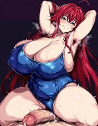 1boy 1girls ai_generated ass big_breasts blue_eyes blush breasts deepjungle enormous_breasts female female_focus high_school_dxd huge_breasts lactation large_breasts light-skinned_female plump red_hair rias_gremory sex swimsuit thick_thighs thighs