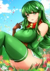 1girls arm_under_breasts en_(paorasuteki) fire_emblem fire_emblem:_mystery_of_the_emblem flowers green_eyes green_hair headband large_breasts nintendo outdoors palla_(fire_emblem) thick_thighs