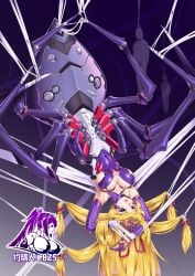 2others arachne armpits arms_up arthropod_girl arthropod_limbs artist_logo artist_name bare_shoulders black_background blonde_hair bodysuit breasts bzs_(kage_no_shinobu) claws cleavage covered_navel covered_nipples elbow_gloves female full_body gloves hair_ribbon highres long_hair looking_at_viewer mecha_musume mechanization monster_girl multiple_others parted_lips purple_bodysuit purple_eyes purple_gloves red_ribbon restrained ribbon robot sidelocks silk simple_background skindentation solo_focus spider_girl spider_web taur touhou upside-down yakumo_yukari