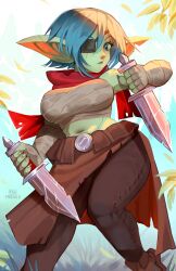 1girls absurd_res bandaged_arm bandaged_chest bandages big_ears blue_eyes blue_hair clothing eyepatch female female_only goblin goblin_female green_skin knife looking_at_viewer maewix1 pointy_ears scar scarf scars scars_on_face solo