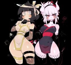 2024 2d 2d_(artwork) 2girls ass azazel_(helltaker) bangs big_ass big_breasts big_butt black_hair blue_eyes blush blushing_at_viewer breasts choker cleavage clothed clothed_female clothing color colored cross curvaceous curvy curvy_body curvy_female curvy_figure demon demon_girl ear_piercing elbow_gloves eyebrows eyebrows_visible_through_hair fantasy female female_focus female_only fishnet_armwear fishnet_legwear fishnet_stockings fishnet_thighhighs fishnets full_color gonzalo_costa hair halo headgear helltaker hips horns huge_butt kunoichi kunoichi_dress large_ass large_breasts large_butt light-skinned_female light_skin looking_at_viewer lucifer_(helltaker) multiple_girls red_eyes seductive short_hair solo solo_female solo_focus stockings thick_thighs thighhighs thighs usa37107692 video_game video_game_character voluptuous voluptuous_female white_hair wide_hips