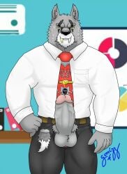 anthro balls black_nose black_pants black_trousers boner_out_of_pants chima fangs_out furry furry_only gorrizz grey_balls grey_penis horny_expression horny_face horny_furry horny_look horny_male legends_of_chima male penis pink_glans red_tie uniform white_shirt white_shirt_collar white_topwear wolf work_uniform worriz worriz_(chima)