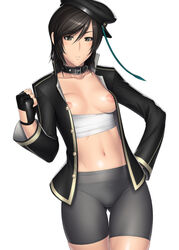 1girls alternate_costume anime_nose bike_shorts black_eyes black_hair breasts cameltoe collar collarbone female fingerless_gloves gloves hand_on_hip highres hips kansuke navel nipples open_clothes open_jacket peaked_hat sarashi shin_sangoku_musou short_hair solo xing_cai