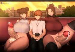 1boy 2futas 3d 3d_(artwork) age_difference ayumi_kyoko balls big_areola big_balls big_breasts big_dom_small_sub big_penis big_thighs black_hair brown_hair cute_birdd dickgirl dominant_female erect_penis erection futa_with_futa futa_with_male futanari group hand_on_shoulder height_difference hips_wider_than_shoulders huge_breasts huge_cock huge_thighs koikatsu large_breasts leaking_precum light-skinned_futanari light-skinned_male light_skin male mostly_nude original penis precum public public_nudity red_eyes smaller_male smug submissive_male tagme tall_female taller_female thick_thighs thighhighs thighs train train_interior veiny_penis wide_hips yellow_eyes yin_gua