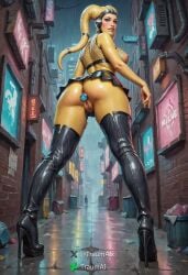 ai_generated alley alleyway biting_lip buttplug disney fishnet_clothing fishnet_shirt fishnets from_behind from_below headband heel_boots heels large_breasts large_thighs looking_at_viewer looking_back microskirt miniskirt nipples nipples_visible_through_clothing no_panties prostitution pussy pussy_juice rain raining self_upload skirt star_wars thigh_boots thighhighs thighs trash trash_can traumai twi'lek under_skirt wet wet_pussy yellow_skin