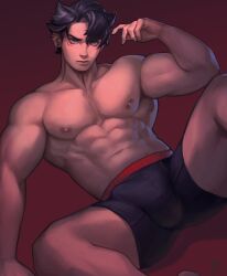 bara big_bulge bulge erection_under_clothes genshin_impact ibarra_bara male male_nipples male_only muscular_male nipples penis_outline underwear wriothesley_(genshin_impact)