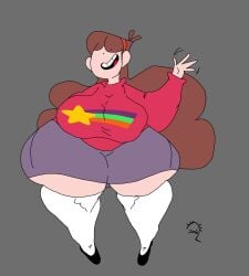 2023 2d_(artwork) big_breasts black_shoes braces commission curvaceous_figure female female_only gravity_falls greeting_viewer hand_wave hips_wider_than_shoulders kneesocks long_hair mabel_pines open_mouth safres_0 simple_background smile solo stockings sweater thick_legs thick_thighs