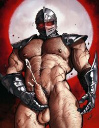 ai_generated armor balls bara big_balls big_penis boyfriendai cum genital_fluids helmet male male_nipples male_only masturbation muscular_male nipples nude orgasm penis