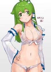 antenna_hair blush breasts closed_mouth collared_shirt covered_nipples cowboy_shot crop_top cross-laced_clothes cross-laced_panties crossed_bangs dated detached_sleeves female fingernails frog_hair_ornament green_eyes green_hair grey_background hair_ornament hand_on_own_hip highres kei_jiei kochiya_sanae large_breasts long_hair looking_to_the_side navel nipple_slip nipples panties pussy pussy_peek shirt sidelocks single_hair_tube sleeveless sleeveless_shirt smile snake_hair_ornament solo tied_shirt touhou uncensored underwear wet wet_clothes wet_shirt white_panties white_shirt white_sleeves