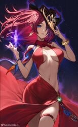 bare_shoulders blue_eyes bracelets chasca_(genshin_impact) cowboy_hat dress elf_ears genshin_impact hat helloimtea hoyoverse long_hair looking_at_viewer mihoyo mole no_sleeves pointy_ears red_clothing red_hair sideboob solo solo_focus watermark