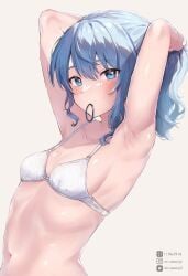 1girls armpit_crease armpits arms_above_head arms_up bare_armpits bare_arms bare_belly bare_chest bare_hands bare_hips bare_midriff bare_navel bare_shoulders bare_skin bare_torso belly belly_button blue_eyebrows blue_eyes blue_eyes_female blue_hair blue_hair_female blush blush_lines blushing_female bra breasts cleavage clothing collarbone dot_nose elbows exposed exposed_armpits exposed_arms exposed_belly exposed_midriff exposed_shoulders exposed_torso eyebrows_visible_through_hair female female_focus female_only fingers hair_between_eyes half_naked hands_above_head hands_up high_resolution highres hololive hoshimachi_suisei human light-skinned_female light_skin looking_at_viewer mr.canaryy naked naked_female navel nude nude_female pale_skin petite petite_body petite_breasts petite_female petite_girl ponytail shiny_skin short_hair short_ponytail shoulders sideboob sidelocks simple_background skinny skinny_female skinny_girl skinny_waist slender_body slender_waist slim_girl slim_waist small_breasts solo standing thin_waist tying_hair underboob underwear upper_body virtual_youtuber waist white_background white_bra white_underwear