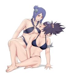 2girls alternate_costume barefoot big_breasts bikini bikini_bottom bikini_top blue_hair blush breasts brown_eyes cleavage degato embarrassed feet female female/female female_only flower flower_in_hair full_body huge_breasts imminent_kiss konan long_hair looking_at_another looking_at_partner makeup mature mature_female midriff mitarashi_anko multiple_girls naruto naruto_(series) naruto_shippuden navel official_alternate_costume oppai orange_eyes plain_background ponytail purple_hair simple_background sunglasses sunglasses_on_head swimsuit tied_hair underboob white_background yuri