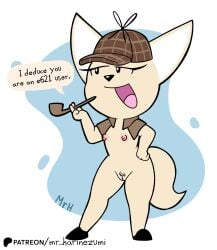 2024 aggressive_retsuko aggretsuko black_clothing black_eyes black_footwear black_nose black_shoes bottomwear breasts canid canine clothing colored detective detective_hat e621 el_senor_erizo english_text eyelashes female fennec_fox fenneko footwear fox fur genitals hi_res looking_at_viewer mammal mr_harinezumi nipples no_humans nude nude_female open_mouth open_smile patreon patreon_logo pink_nipples pipe pubes pussy sanrio simple_background skirt smile solo spanish_description speech_bubble tan_body tan_fur text tongue true_fox white_body white_fur