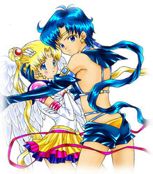 1girls 2girls bishoujo_senshi_sailor_moon black_hair blonde_hair blue_eyes blush breasts choker circlet earrings elbow_gloves embrace eternal_sailor_moon female female_only human jewelry kissing light-skinned_female light_skin long_hair looking_back lowres magical_girl multiple_females ponytail ribbon sailor_moon sailor_star_fighter sailor_starlights saliva seiya_kou short_shorts shorts simple_background skirt smooth_skin teen tiara tied_hair twintails usagi_tsukino wings yuri