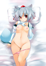 1girls animal_ear bare_shoulders blush bottomless breasts censored detached_sleeves female fur hat lying momiji_inubashiri nipples on_back open_mouth panties panty_pull pussy red_eyes sawamura_hikaru shirt_lift short_hair silver_hair solo tail tokin_hat touhou underwear wolf_ear wolf_tail