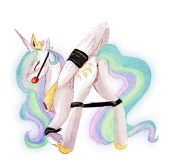 alicorn anus ass ball_gag blush bondage bound equine female friendship_is_magic gag gagged helpless horse iram iridescent_hair my_little_pony presenting princess_celestia_(mlp) pussy restrained straight_hair tail tied wet wings