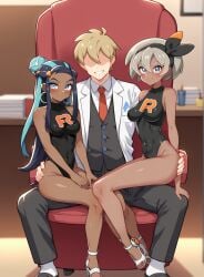 1boy 2girls ai_generated bare_shoulders bea_(pokemon) blonde_hair blue_eyes blue_hair blush brainwashing breasts change_in_common_sense corruption covered_navel dark-skinned_female dark_skin earrings faceless_male female grey_hair gym_leader hair_ribbon hand_on_another's_ass hand_on_butt heels human lab_coat leotard long_hair looking_at_viewer male mind_control multicolored_hair multiple_girls nessa_(pokemon) notreallyhere office pimp pokemon pokemon_ss short_hair sitting sitting_on_lap sitting_on_person smile team_rocket team_rocket_uniform tie