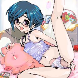 aqua_hair bedroom bird blue_hair bulge choker crossdressing embarrassed glasses hayashi_(nnnsf) lowres megane nipples oekaki painted_fingernails penguin penis pig purple_hair trap