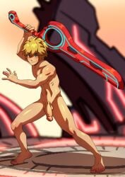 1boy absolutely_nothing_on barefoot belly_button bishonen blonde_hair blonde_hair_male blush blush_lines blushing casual_nudity commission completely_naked completely_naked_male completely_nude completely_nude_male confidently_naked fighting_pose fighting_stance flaccid flaccid_penis foreskin full_color green_eyes hairless_balls hairless_penis holding_sword holding_weapon long_penis male male_only mlplottery monado muscular_male nintendo nude ono-fire penis shiny_skin shulk_(xenoblade) six_pack smiling smirking solo solo_male super_smash_bros. tagme testicles uncensored uncensored_penis uncircumcised uncircumcised_penis uncut uncut_penis xenoblade_(series)