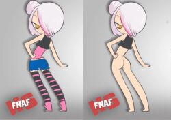 ass bottomless edit female fnafhs hair_covering_eye hair_over_one_eye jean_shorts meg_(fnafhs) one_eye_covered pose posing simple_background stockings tied_hair topwear white_hair yellow_eyes