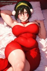 1girls ai_generated armpits avatar_legends avatar_the_last_airbender bed bedroom big_breasts breasts dress earth_kingdom female female_only green_hair human hyper_breasts large_breasts laying_down lingerie ocean seaside seductive seductive_look thick_thighs toph_bei_fong wide_hips