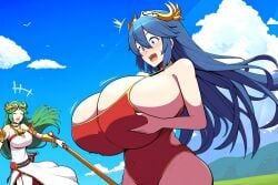 2girls ai_generated alternate_breast_size blue_eyes blue_hair blue_sky closed_eyes clouds crossover crown fire_emblem fire_emblem_awakening grabbing_breasts green_hair implied_breast_expansion implied_transformation kid_icarus large_breasts long_hair lucina_(fire_emblem) massive_breasts multiple_girls nintendo open_mouth palutena red_leotard shocked_expression smile surprised white_dress