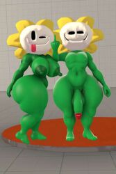 1boy 1girls 3d 3d_(artwork) breasts colored_skin completely_nude curvy dark_areolae dark_nipples destroyerflamevs flaccid flowey_the_flower full_body genderswap_(mtf) green_skin large_breasts navel nipples nude penis rule_63 smile standing testicles thick_thighs thighs tile_floor tiles tongue tongue_out uncensored undertale what wide_hips