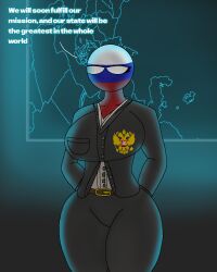 1girls ass big_ass big_breasts breasts coat_of_arms countryhumans countryhumans_girl english english_dialogue english_language english_text female hands_in_pockets map pocket seregamecta shukshin's_federation_(the_new_order) suit text the_new_order thick_thighs thighs