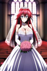 ai_generated big_breasts blue_eyes flower flowers happy high_school_dxd marriage red_hair rias_gremory smile smiling wedding wedding_dress wedding_veil