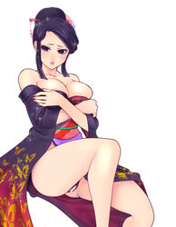 areola_slip bare_shoulders beauty_mark blush breast_hold breasts censored cleavage clothing detached_sleeves dress earrings empty_eyes eyeshadow female hair hair_ornament hair_up japanese_clothes jewelry large_breasts lips lipstick long_hair milf mole nail_polish no_panties nouhime nouhime_(sengoku_basara) pubic_hair purple_eyes purple_hair sengoku_basara sengoku_musou sengoku_musou_3 solo strapless strapless_dress tokisige