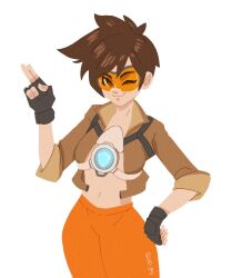 brown_eyes brown_hair glasses lena_oxton orange_pants overwatch overwatch_2 selvish94 topless tracer